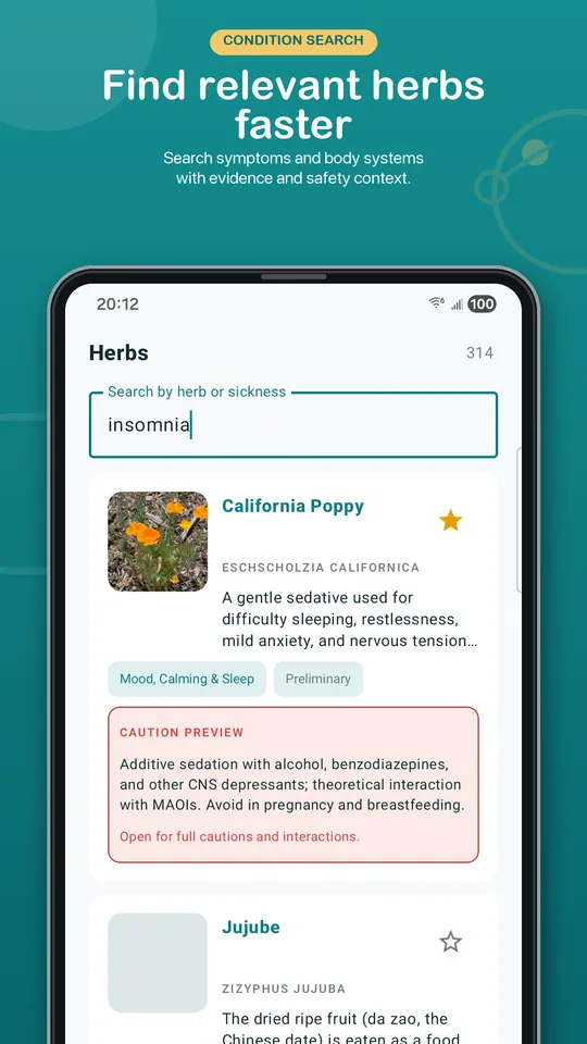 Dr.Herb Android store preview showing an insomnia search with evidence and safety context