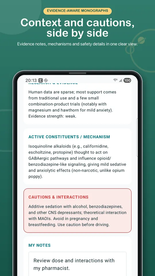 Dr.Herb Android store preview showing evidence, mechanisms, cautions and personal notes in a herb monograph