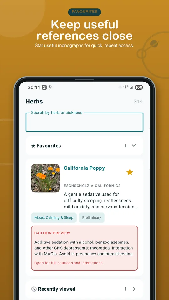 Dr.Herb Android store preview showing a saved California Poppy monograph