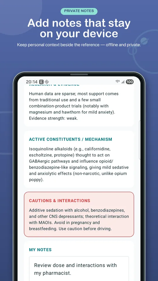 Dr.Herb Android store preview showing a private note saved alongside a herb reference