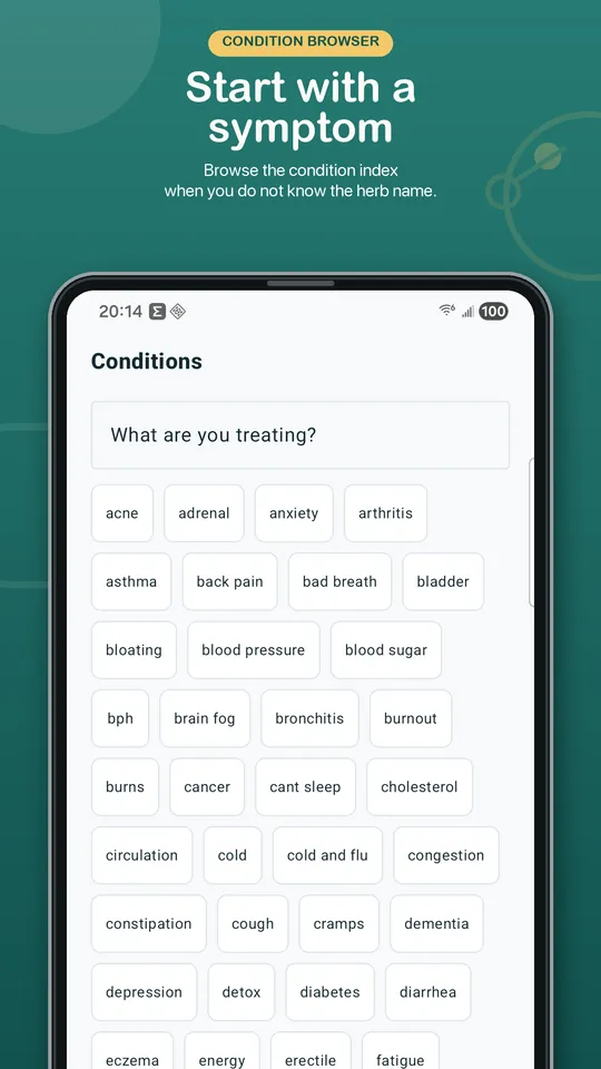 Dr.Herb Android store preview showing the searchable condition browser