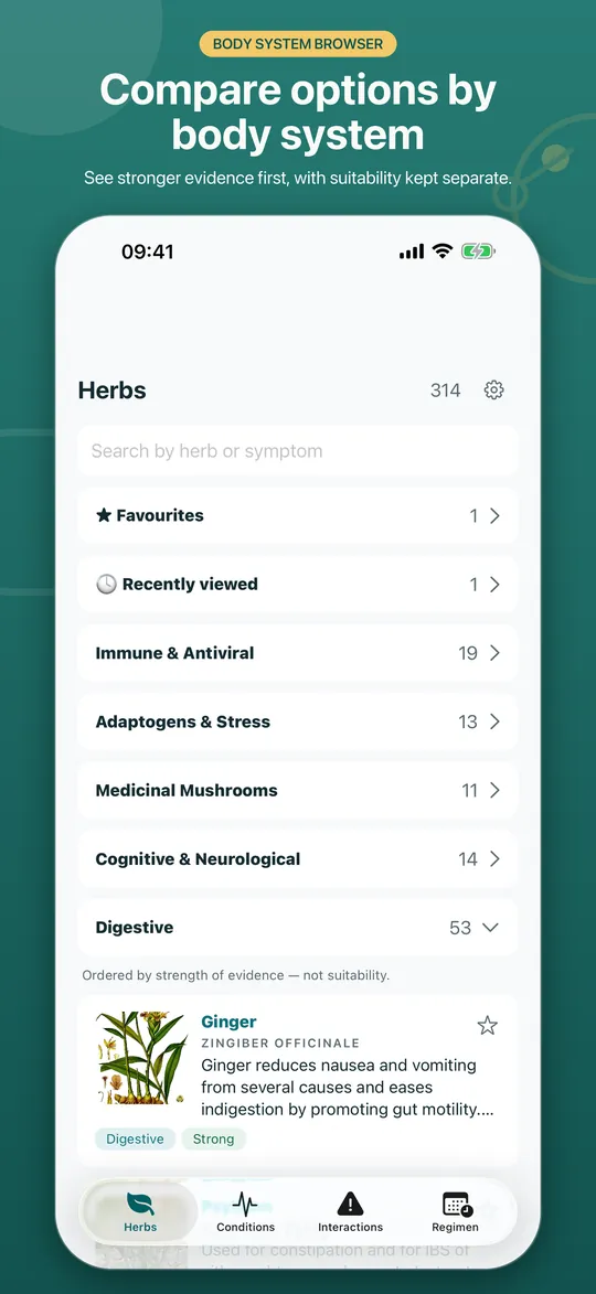 Dr.Herb App Store preview showing herbs grouped by body system and ordered by strength of evidence