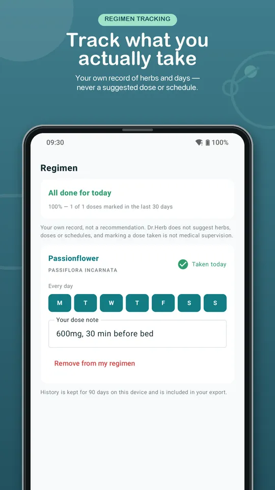Dr.Herb Android store preview showing a personal herb regimen and dose history