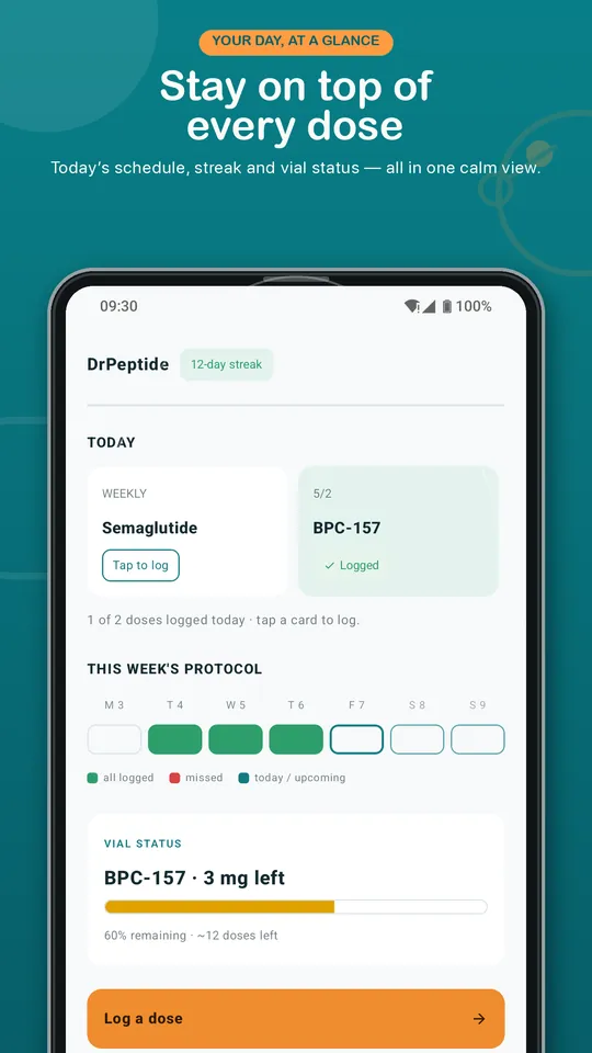 Dr.Peptide Android store preview showing today's scheduled doses, adherence streak and vial status