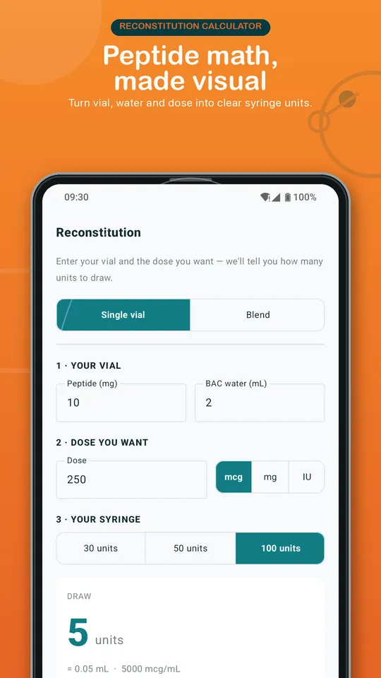 Dr.Peptide Android store preview of the reconstitution calculator