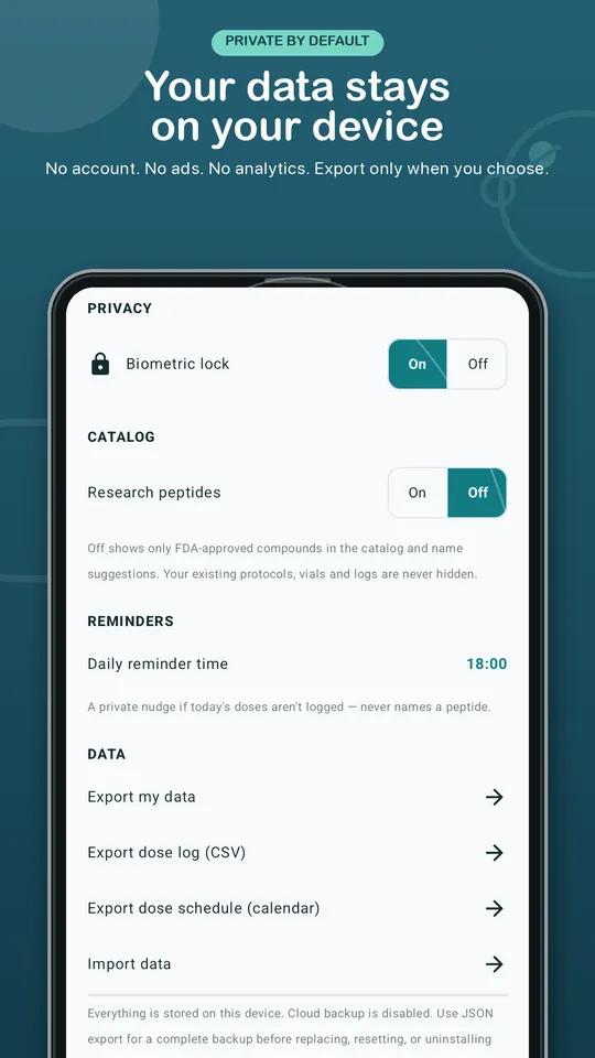 Dr.Peptide Android store preview showing biometric lock, research catalog control and data exports