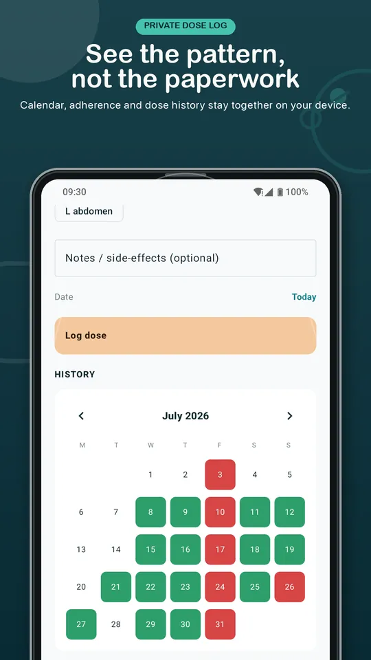 Dr.Peptide Android store preview showing dose entry and calendar history