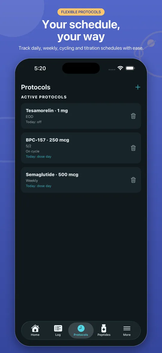 Dr.Peptide App Store preview showing active protocols, schedules and cycle status