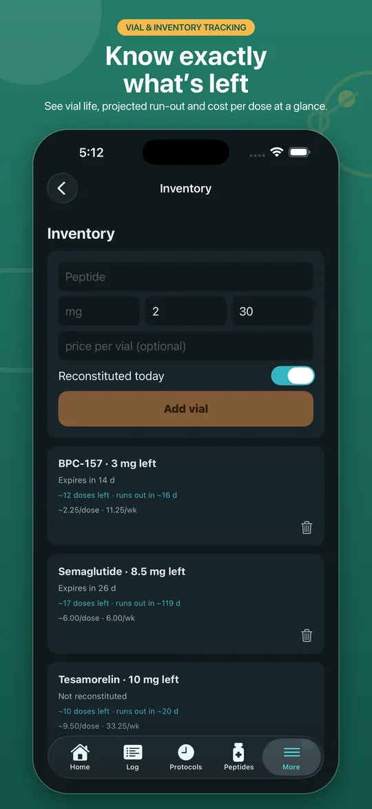 Dr.Peptide App Store preview showing vial inventory, expiry and projected run-out