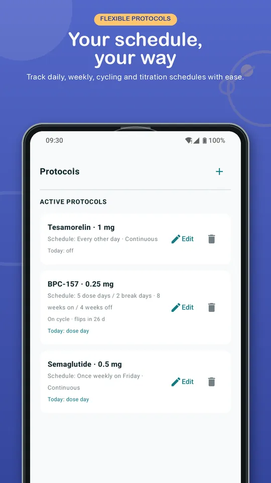 Dr.Peptide Android store preview showing active protocols, schedules and cycle status