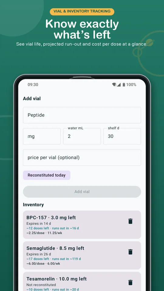 Dr.Peptide Android store preview showing vial inventory, expiry and projected run-out