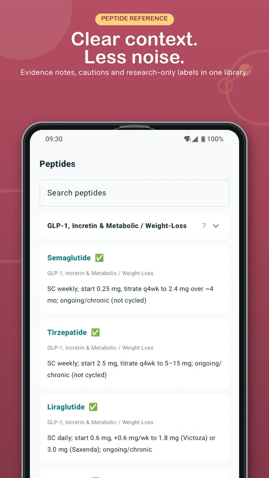 Dr.Peptide Android store preview showing the peptide catalog and FDA-flagged entries