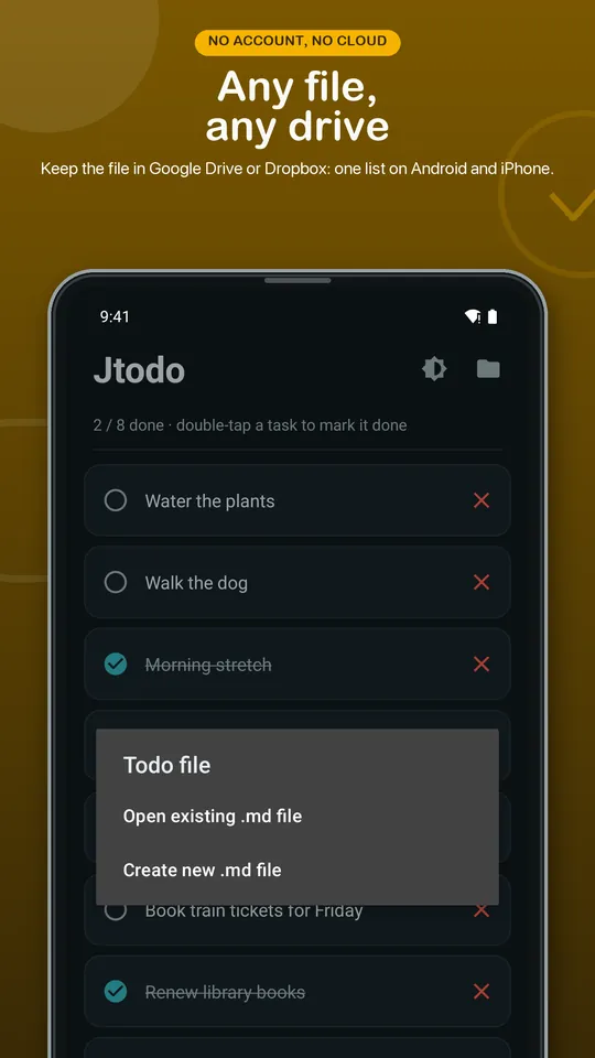 Jtodo store preview showing the open-or-create file dialog