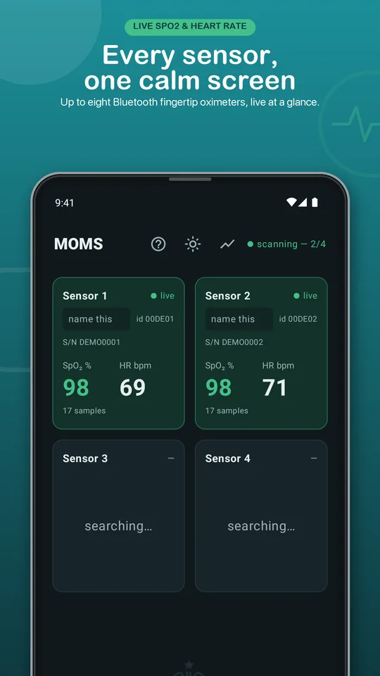 MOMS store preview showing live SpO₂ and heart-rate tiles for multiple sensors