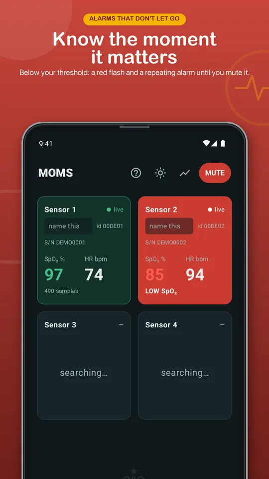MOMS store preview showing a red low-SpO₂ alarm tile and mute button