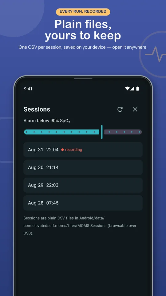 MOMS store preview showing the recorded sessions list